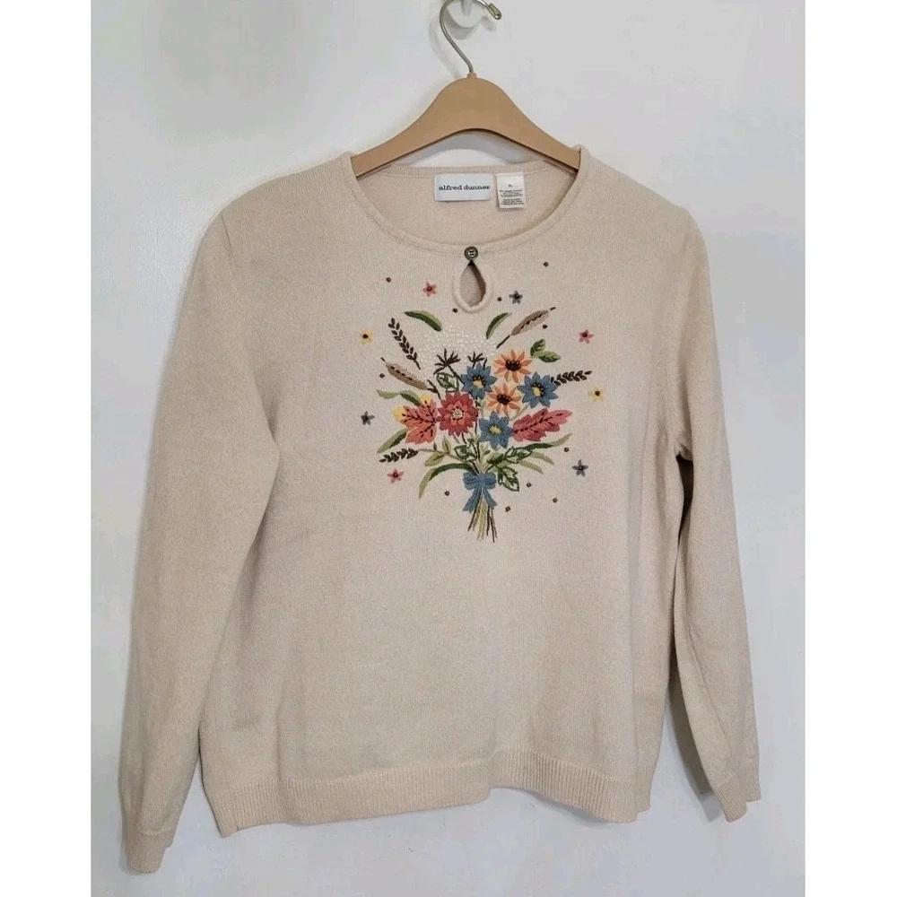 Alfred Dunner Embroidered Beaded Spring Floral Sweater‎ Knit Womens Large Granny